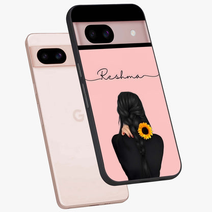 Sunflower Braid Beauty With Custom Name Glass Case displayed in angled mockup highlighting elegant sunflower design with custom name feature.