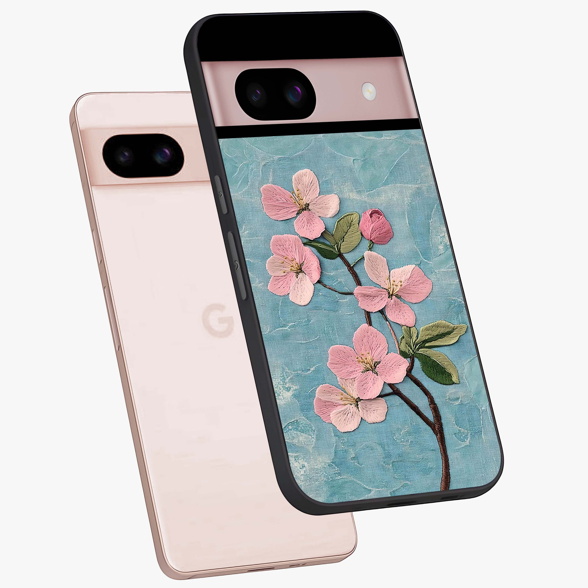 Threaded Blossom Breeze Glass Case displayed in angled mockup highlighting elegant floral design with soft aesthetic style.