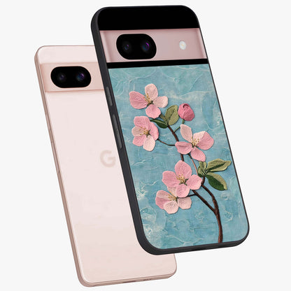 Threaded Blossom Breeze Glass Case displayed in angled mockup highlighting elegant floral design with soft aesthetic style.