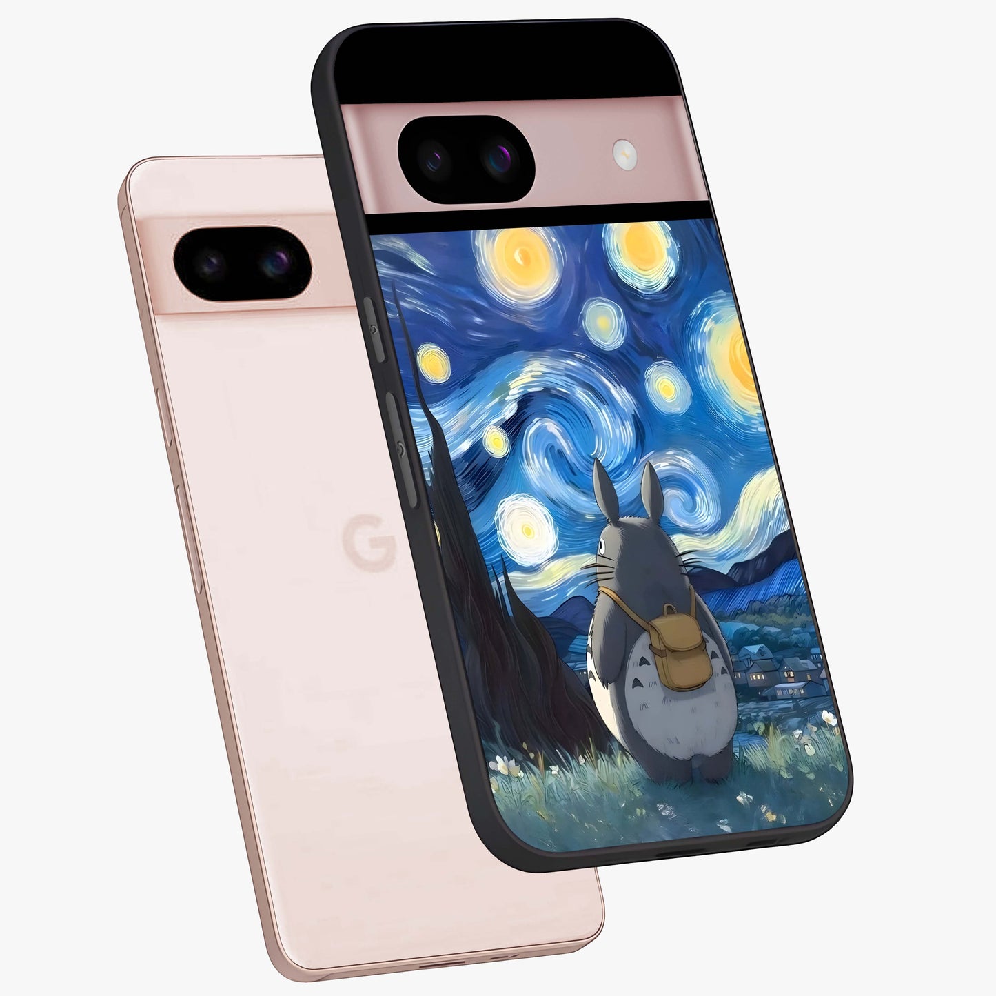 Totoro In Van Gogh Art Glass Case displayed in angled mockup highlighting artistic swirling sky design with playful animation aesthetic.