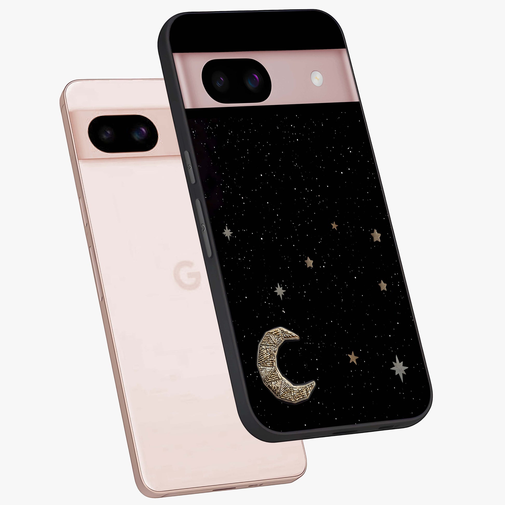 Twinkle Star With Half Moon Glass Case displayed in angled mockup highlighting celestial moon and star design with magical aesthetic.