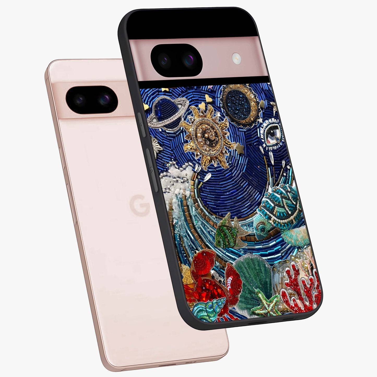 Universe Underwater Spark Glass Case displayed in angled mockup highlighting glowing aquatic design with celestial aesthetic.