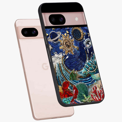 Universe Underwater Spark Glass Case displayed in angled mockup highlighting glowing aquatic design with celestial aesthetic.