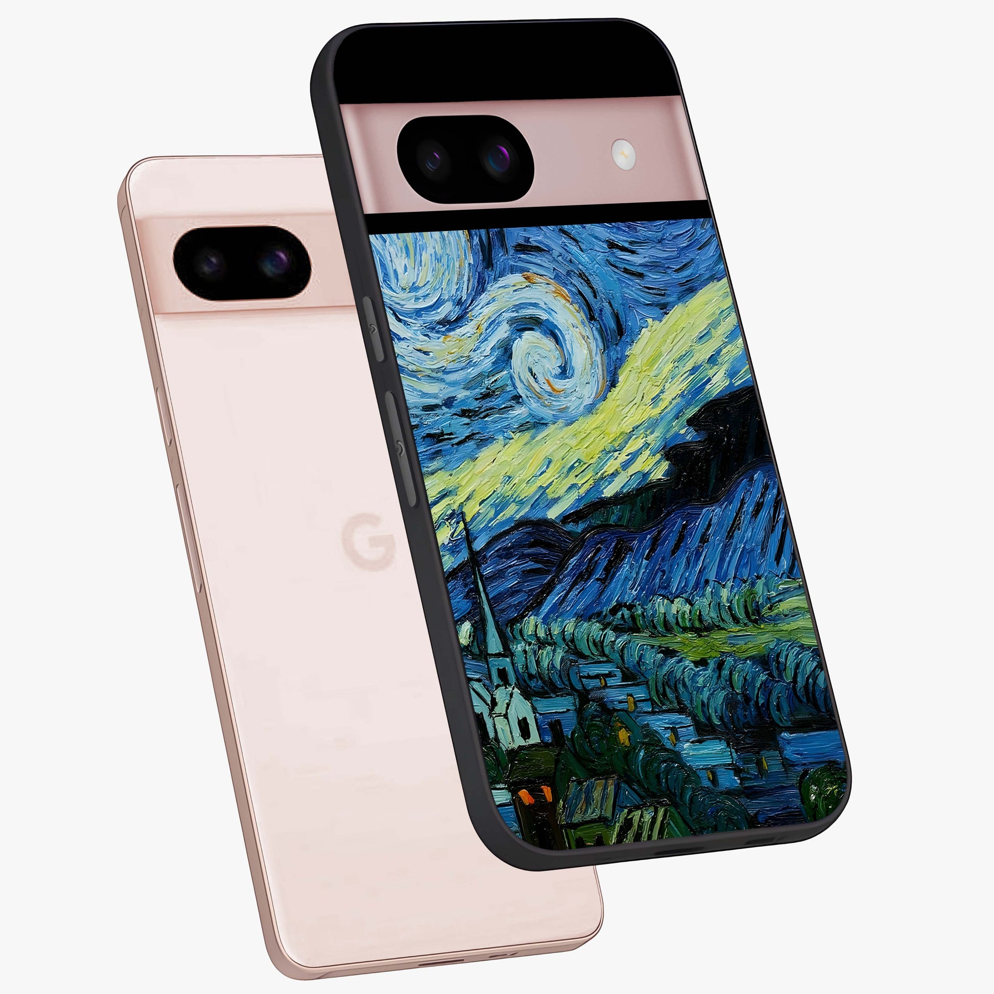 Van Gogh Art Glass Case displayed in angled mockup highlighting swirling brushstroke design with artistic aesthetic.