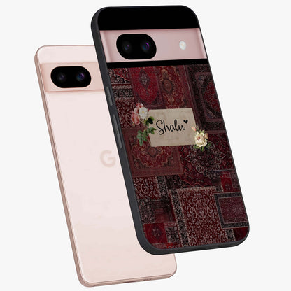 Velvet Wine Pattern Custom Name Glass Case displayed in angled mockup highlighting decorative velvet inspired design with custom name feature.