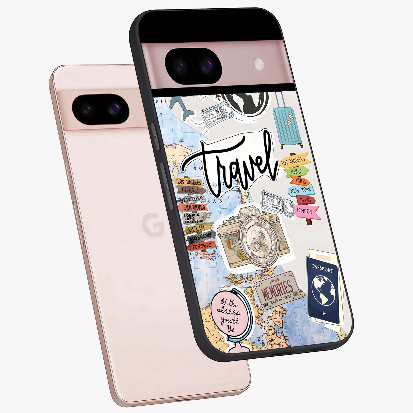 Wanderlust Journal Glass Case displayed in angled mockup highlighting adventure themed design with aesthetic travel vibe.