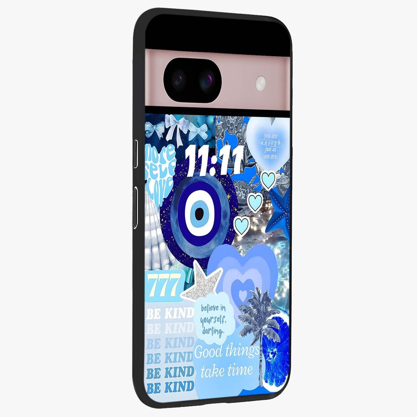 Aesthetic Be Kind Eye Glass Case upright view showcasing stylish eye illustration with positive message theme.