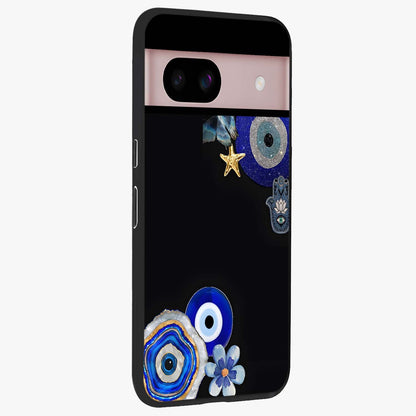 Aesthetic Blue Evil Eye Glass Case upright view showcasing mystical evil eye graphic with minimal aesthetic style.