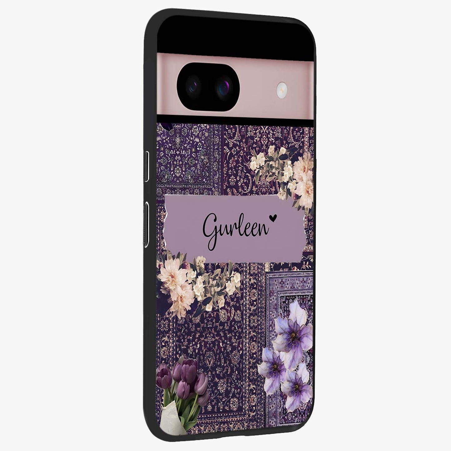Antique Floral Whisper Custom Name Glass Case upright view showcasing delicate floral artwork with custom name feature.