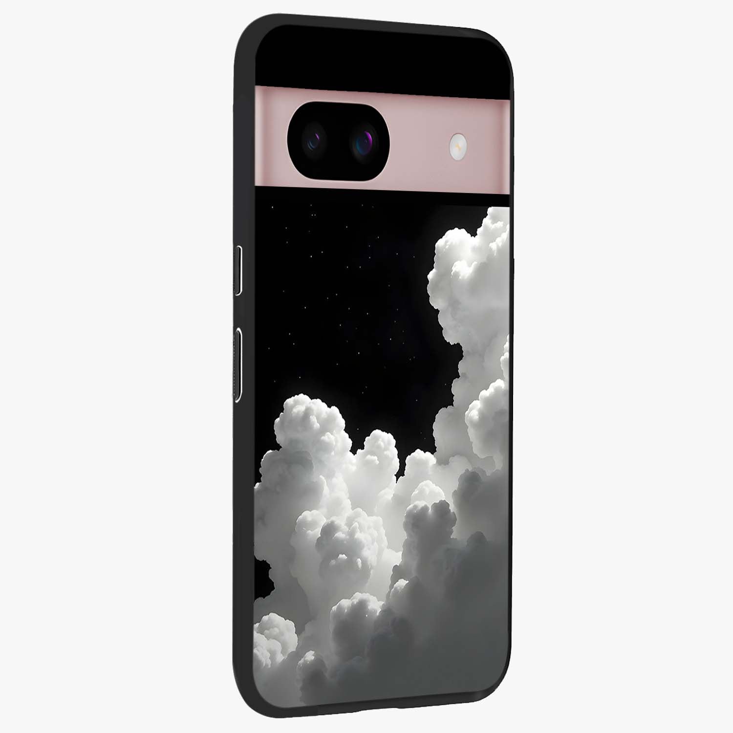 Black Background With White Cloud Glass Case upright view showcasing calm cloud aesthetic with modern minimal style.