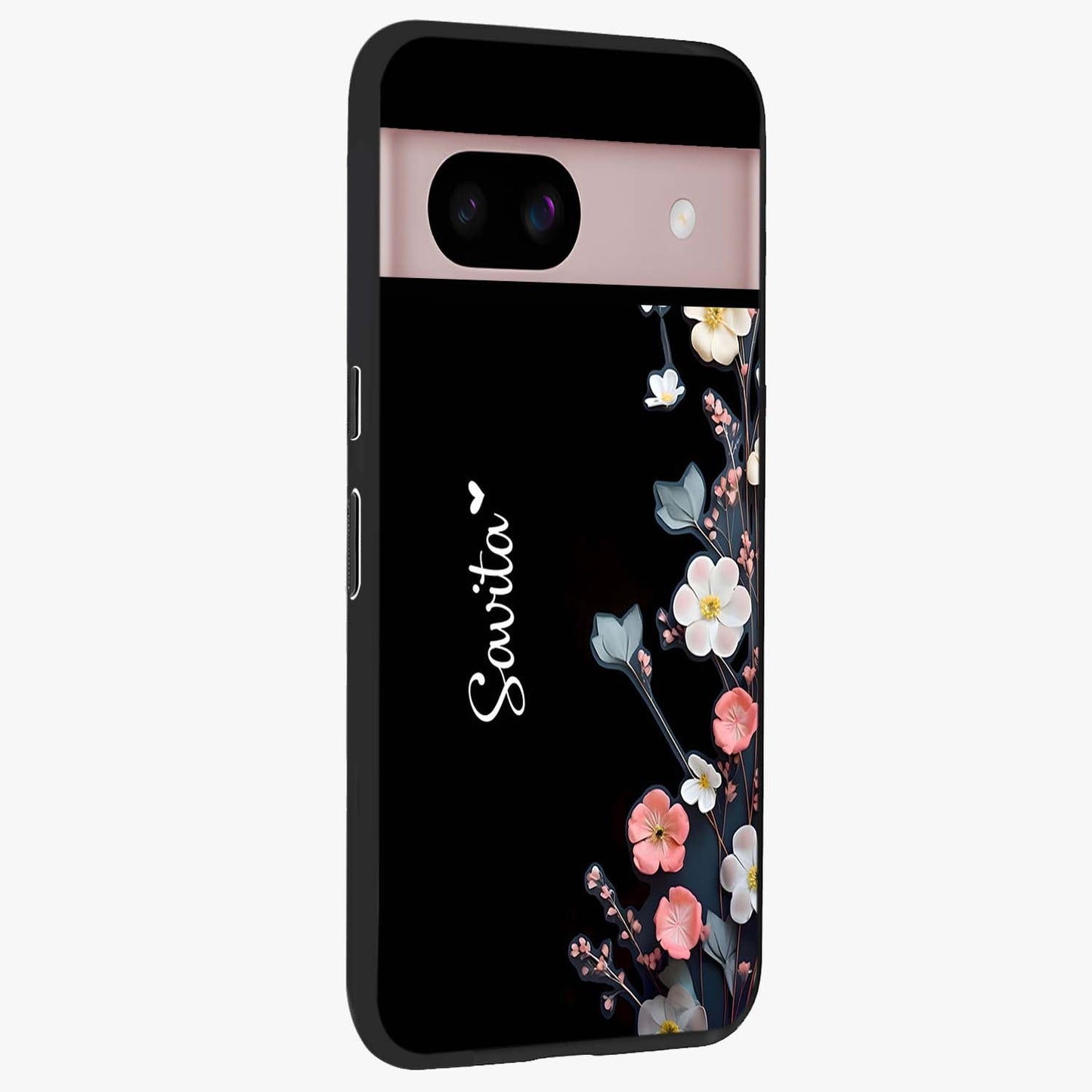 Black Elegance Floral Custom Name Glass Case upright view showcasing luxurious black floral design with personalized name detail.