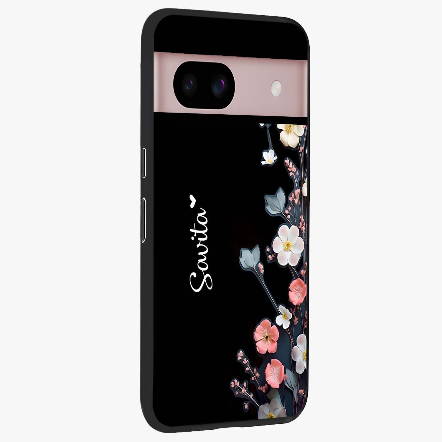 Black Elegance Floral Custom Name Glass Case upright view showcasing luxurious black floral design with personalized name detail.