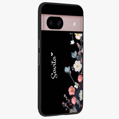 Black Elegance Floral Custom Name Glass Case upright view showcasing luxurious black floral design with personalized name detail.