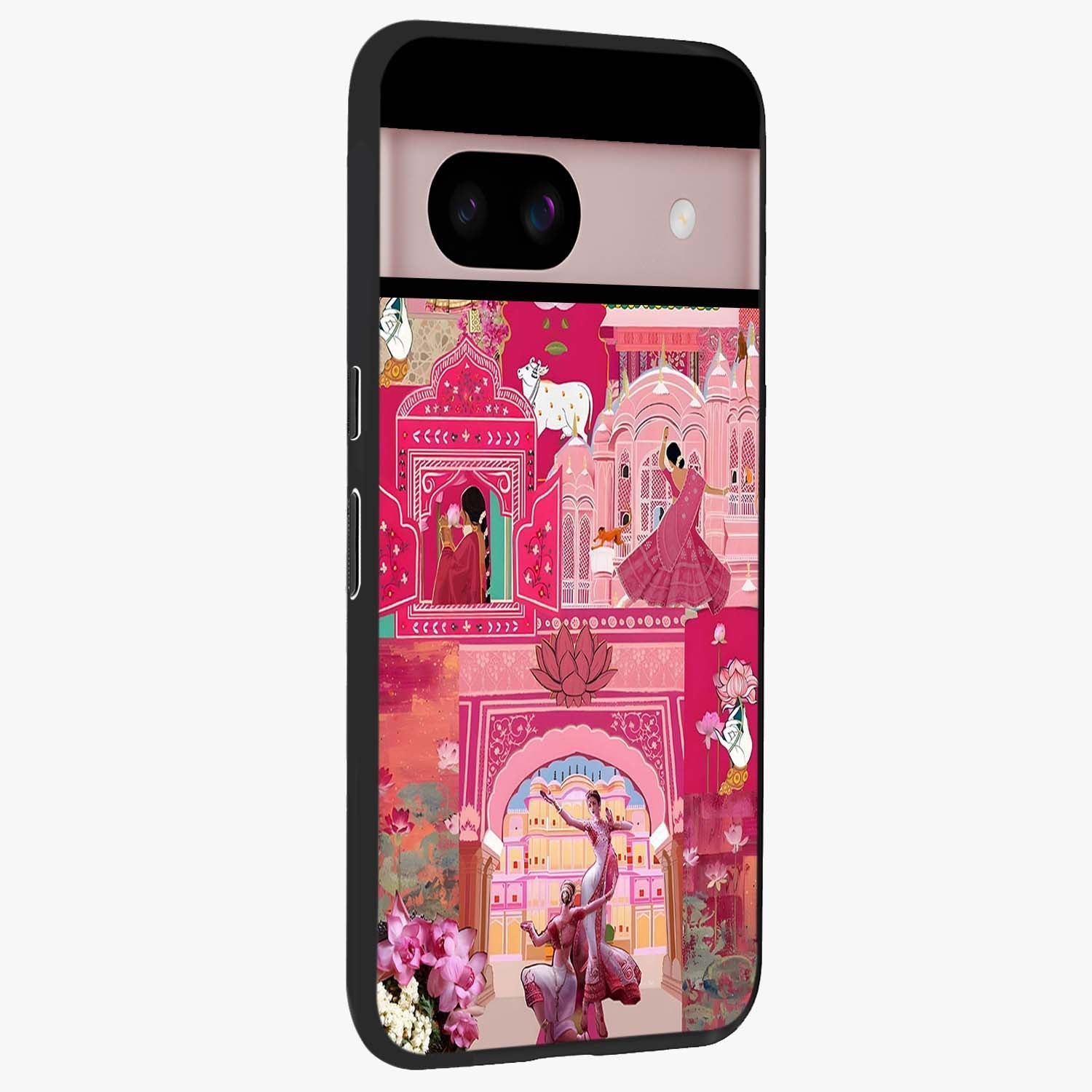 Blossoms of Rajasthan Glass Case upright view showcasing colorful floral design inspired by traditional Indian art.
