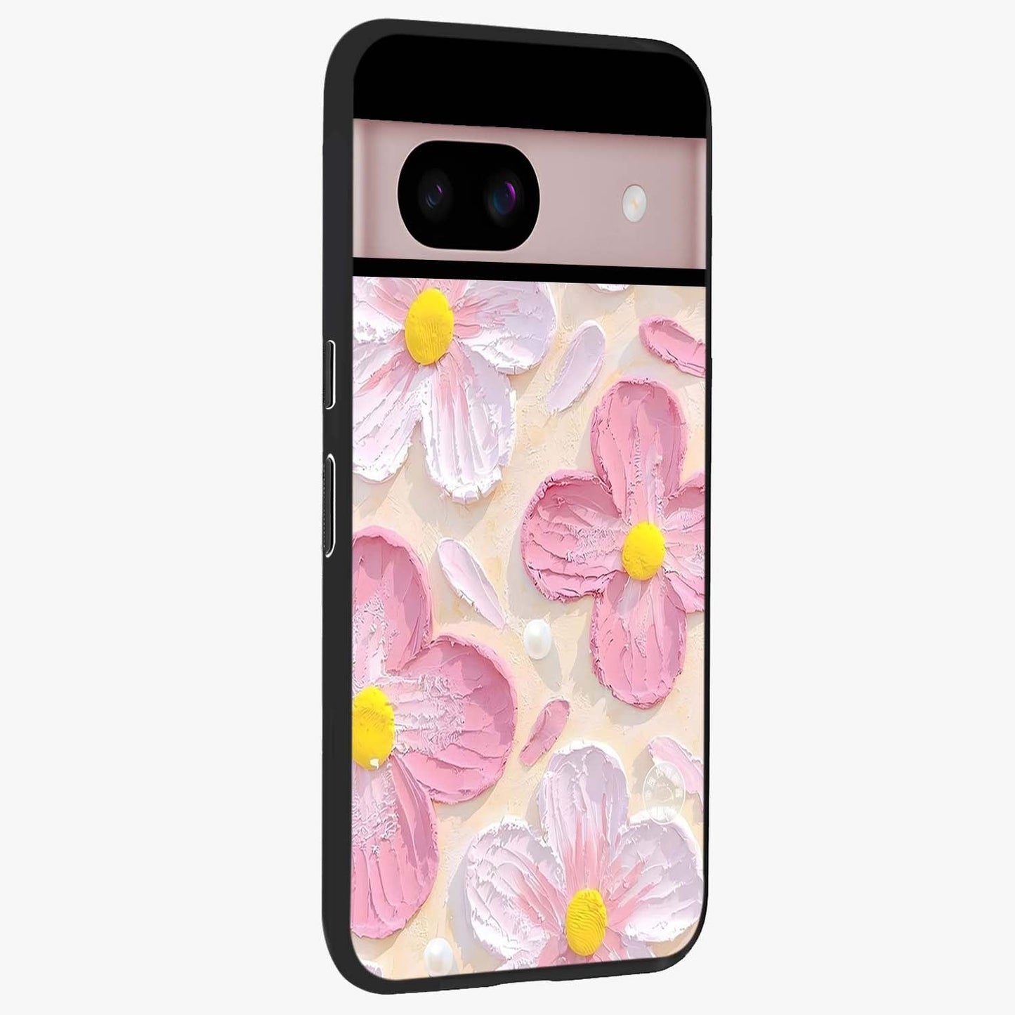 Blush Bloom Texture Glass Case upright view showcasing delicate blush floral texture with modern minimal style.