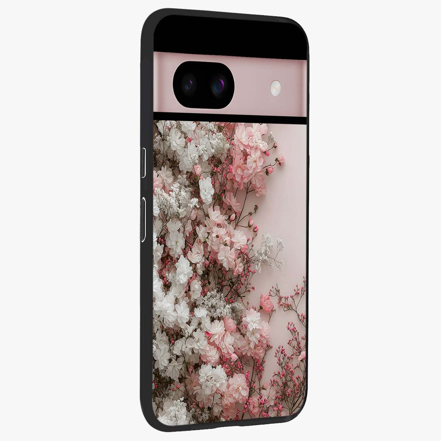 Blush Blossom Cloud Glass Case upright view showcasing calm floral cloud artwork with gentle dreamy theme.