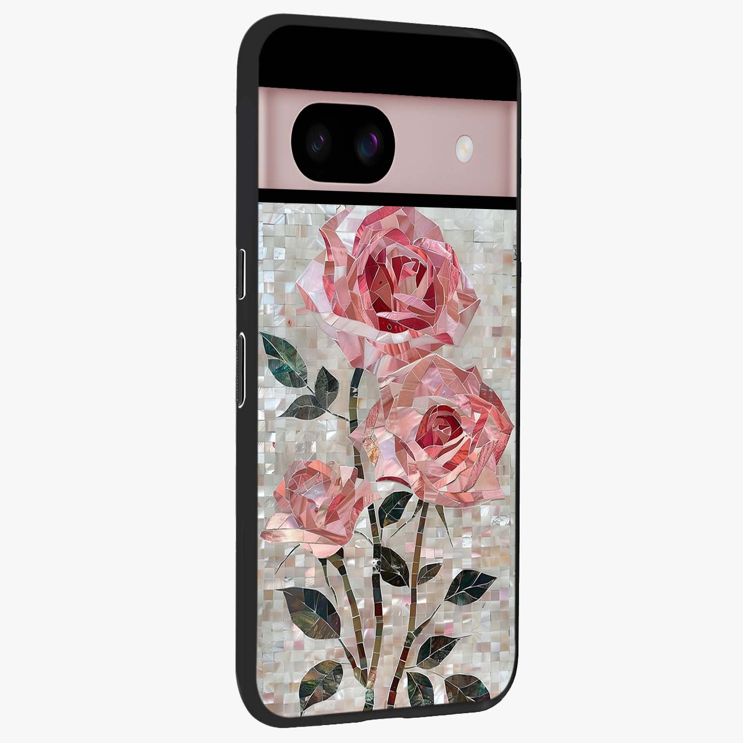 Blush Mosaic Bloom Glass Case upright view showcasing decorative floral mosaic artwork with stylish modern aesthetic.