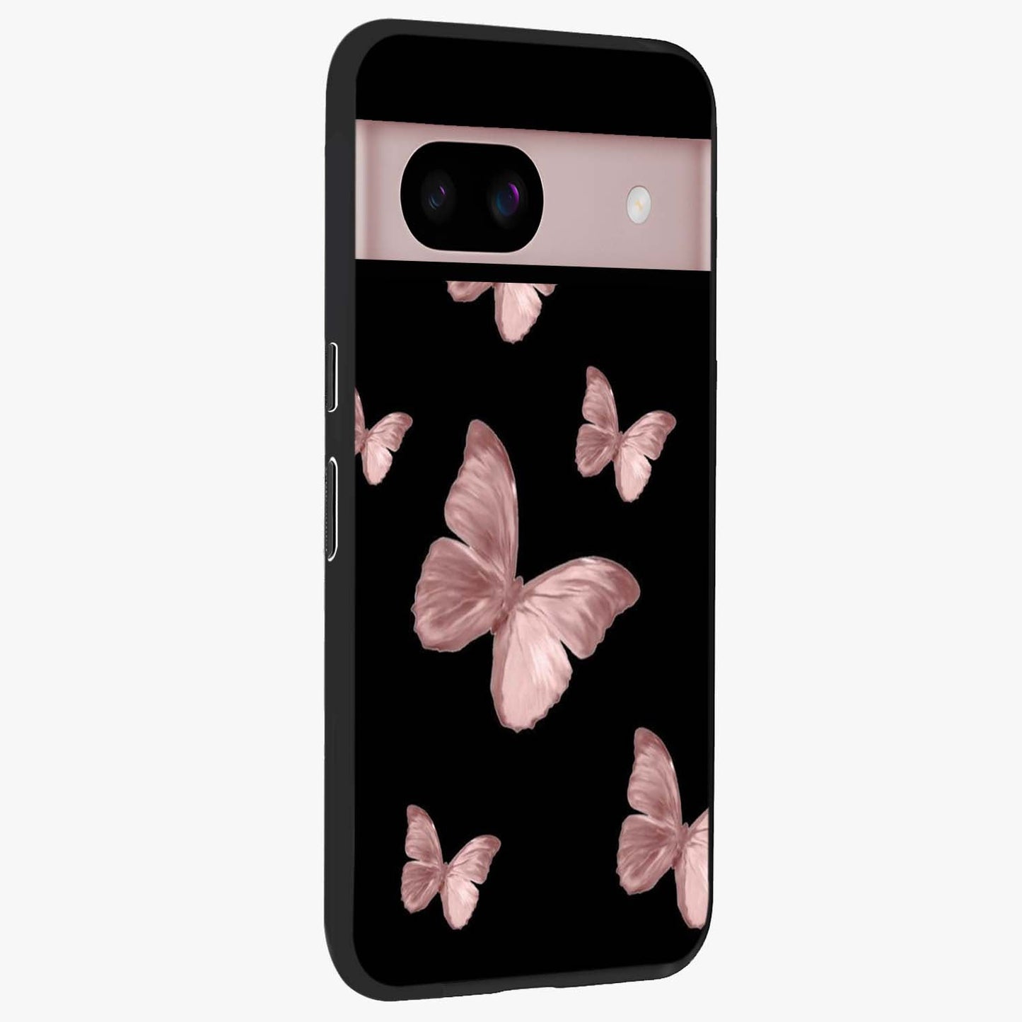 Butterfly Pattern Glass Case upright view showcasing graceful butterfly artwork with soft decorative theme.