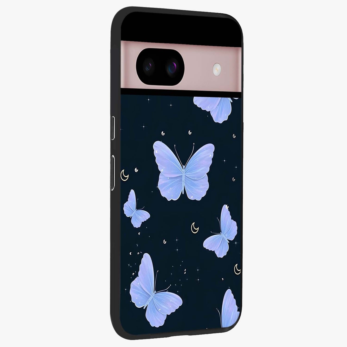 Butterfly With Stars Pattern Glass Case upright view showcasing celestial butterfly artwork with sparkling star elements.