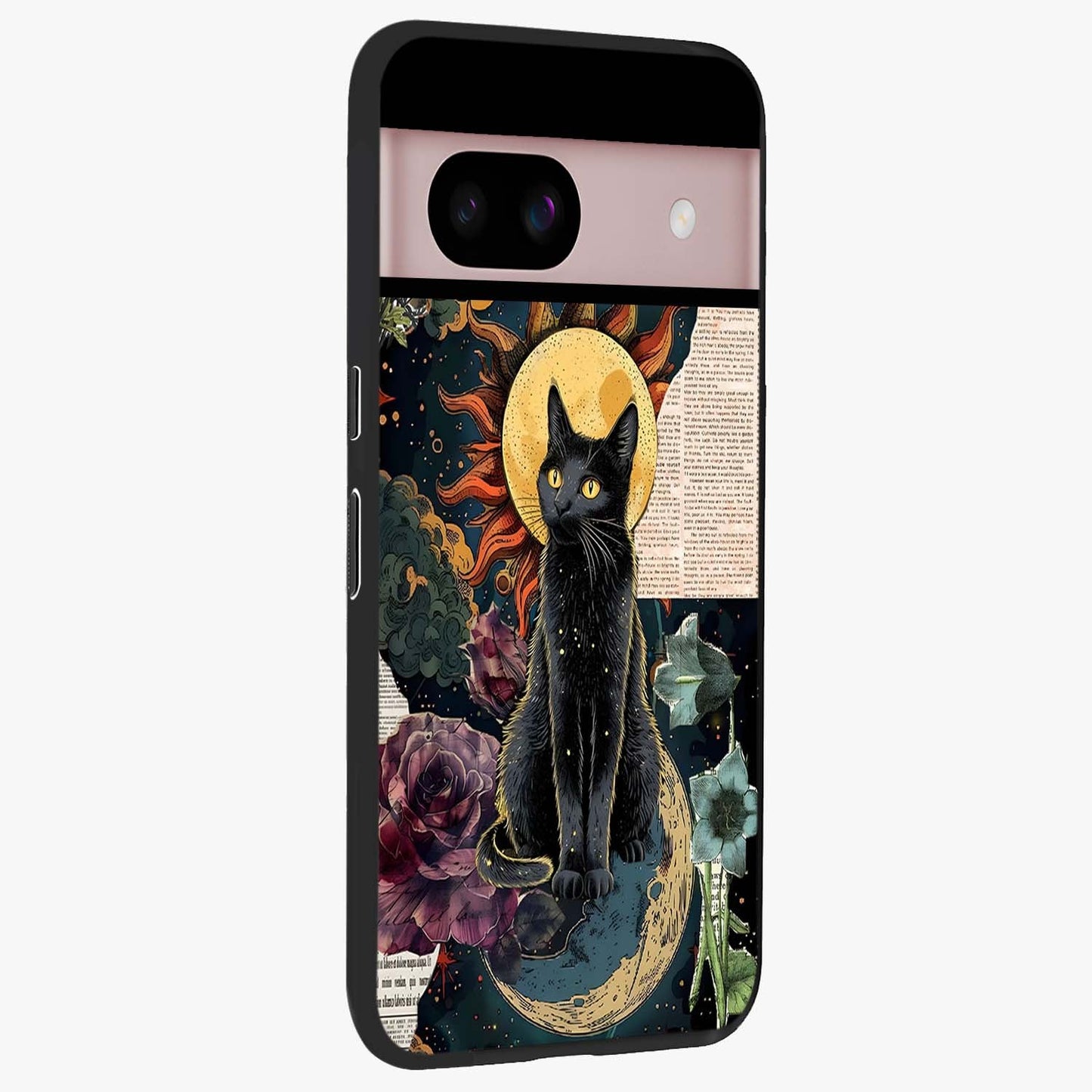 Celestial Black Cat Glass Case upright view showcasing magical black cat illustration with starry cosmic theme.