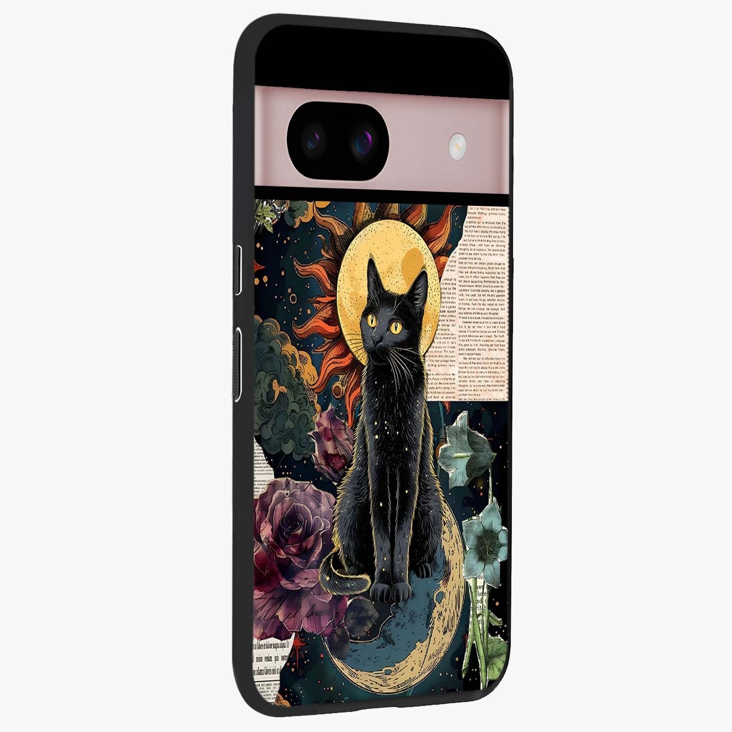 Celestial Black Cat Glass Case upright view showcasing magical black cat illustration with starry cosmic theme.