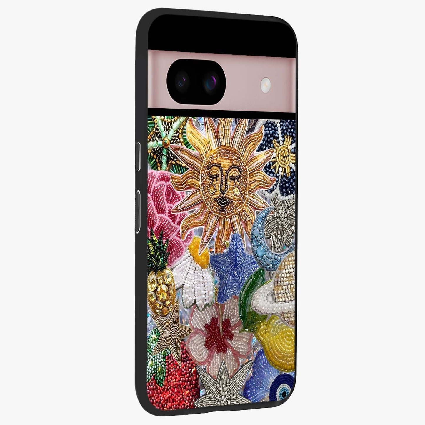 Celestial Floral and Playful Glass Case upright view showcasing whimsical floral artwork with cosmic aesthetic theme.