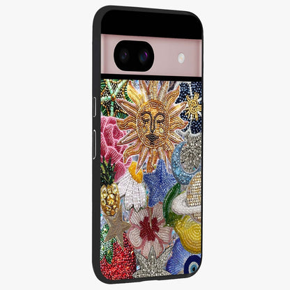 Celestial Floral and Playful Glass Case upright view showcasing whimsical floral artwork with cosmic aesthetic theme.
