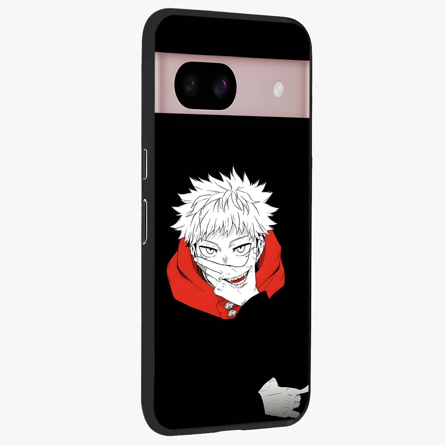 Crimson Chaos Smile Glass Case upright view showcasing expressive chaotic artwork with striking visual theme.