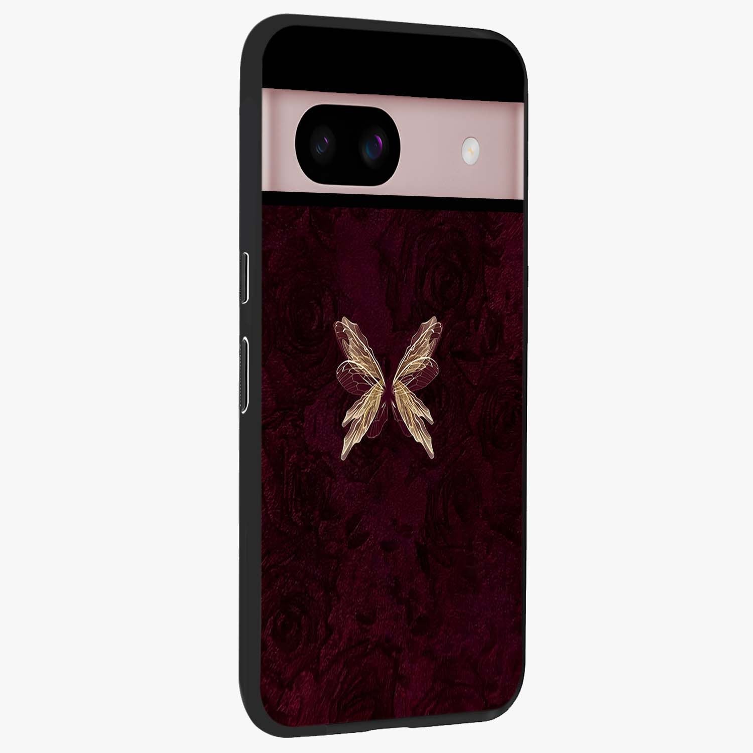 Crimson Fade Butterfly Glass Case upright view showcasing graceful butterfly artwork with soft crimson fade effect.