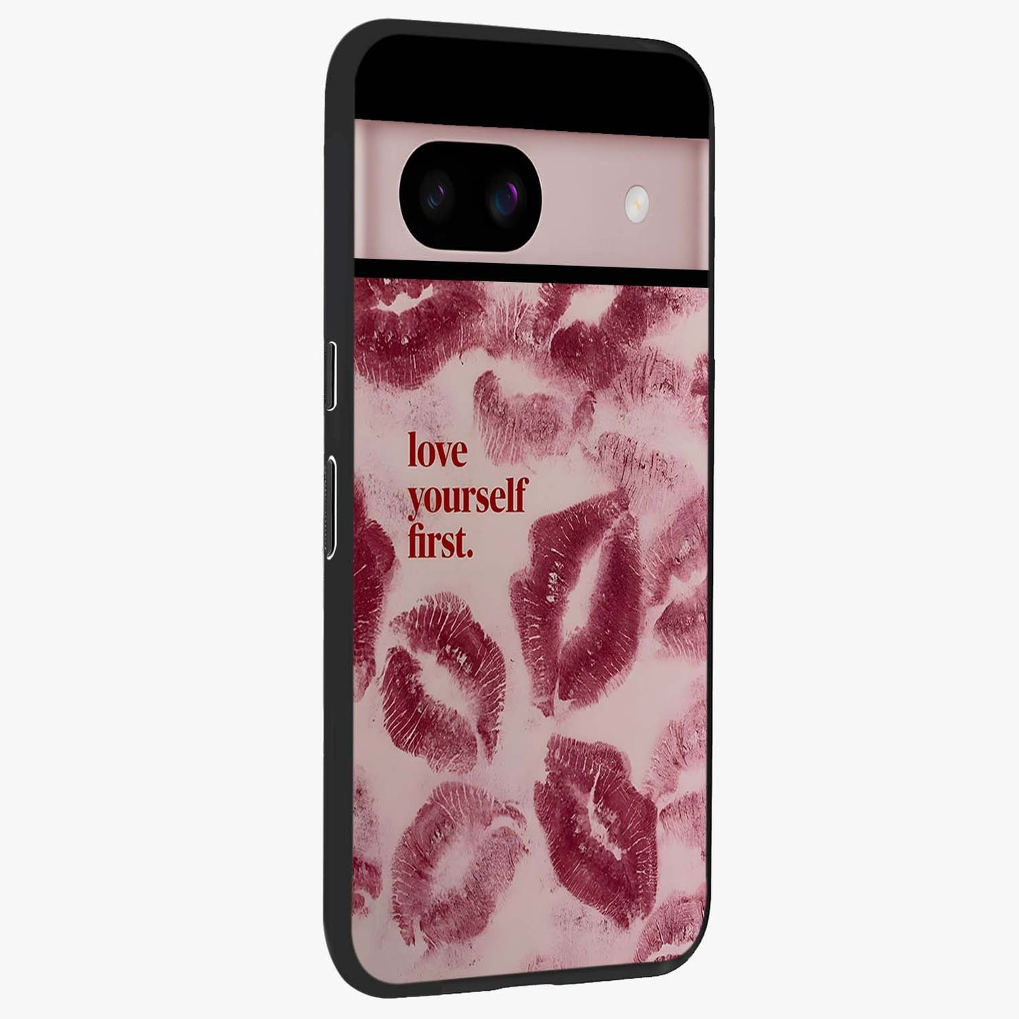Crimson Kiss Love Glass Case upright view showcasing expressive romantic artwork with deep crimson theme.