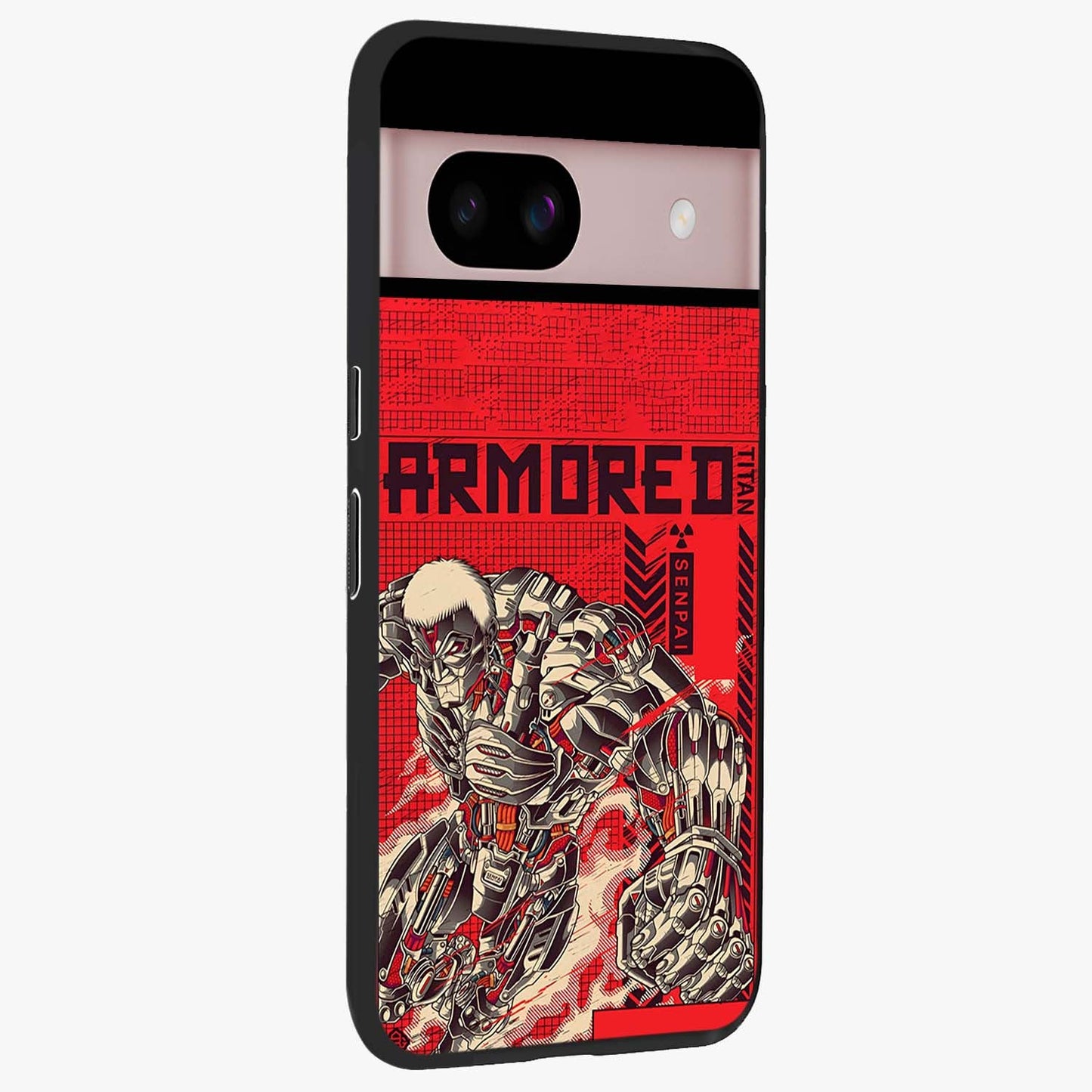 Crimson Mecha Titan Glass Case upright view showcasing dynamic robotic titan design with sci-fi inspired theme.