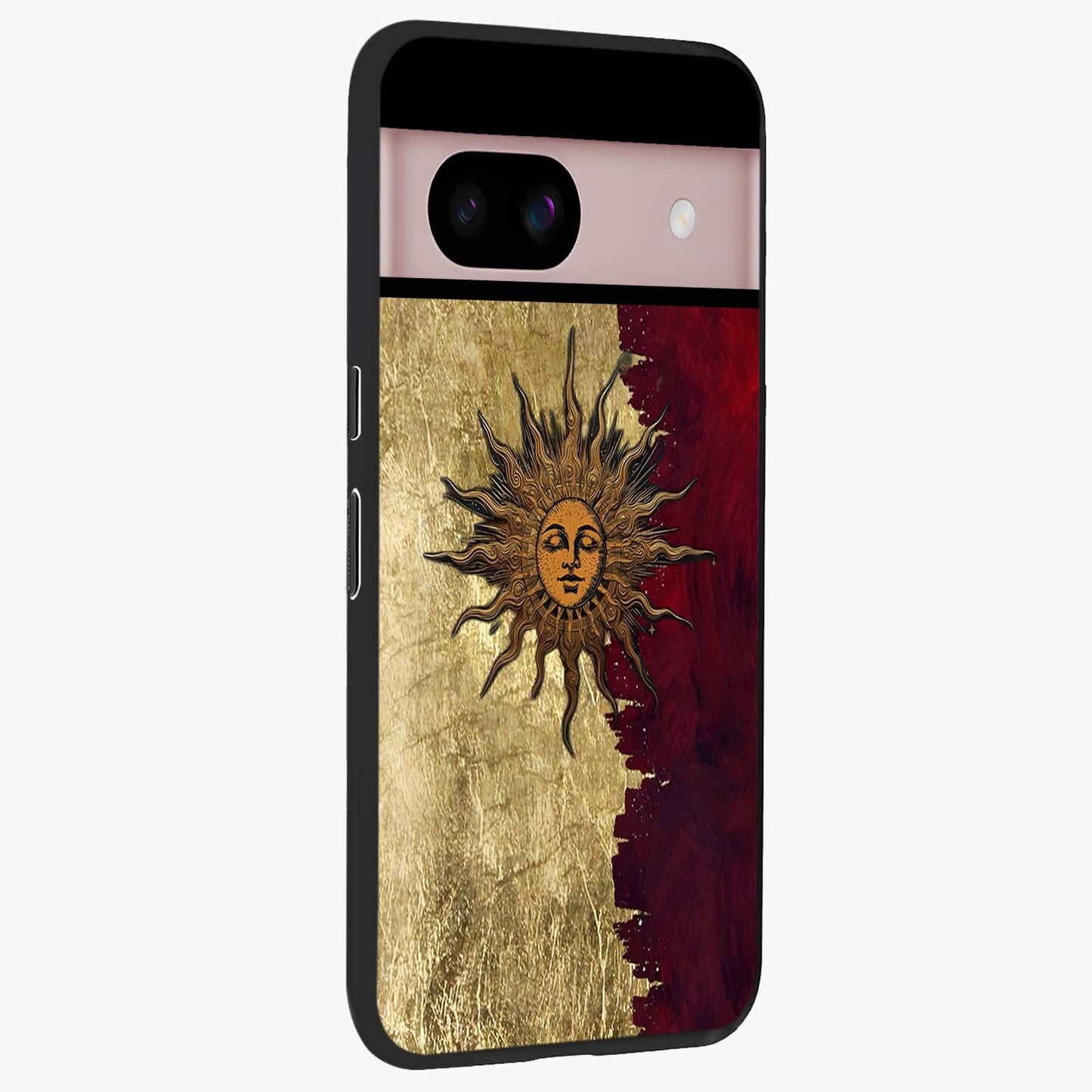 Crimson Sun Majesty Glass Case upright view showcasing vibrant sun artwork with powerful celestial theme.