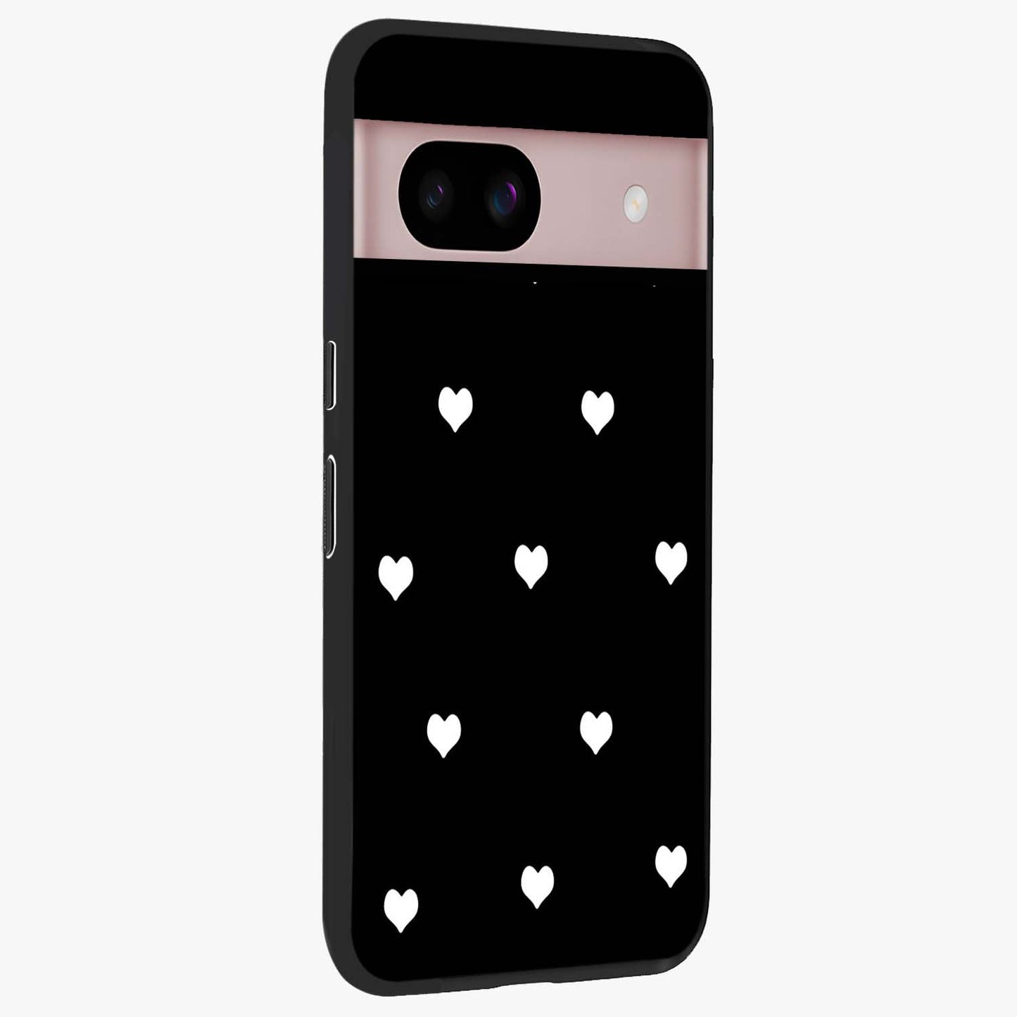 Cute And Simple White Hearts Glass Case upright view showcasing simple white hearts artwork with soft minimal theme.