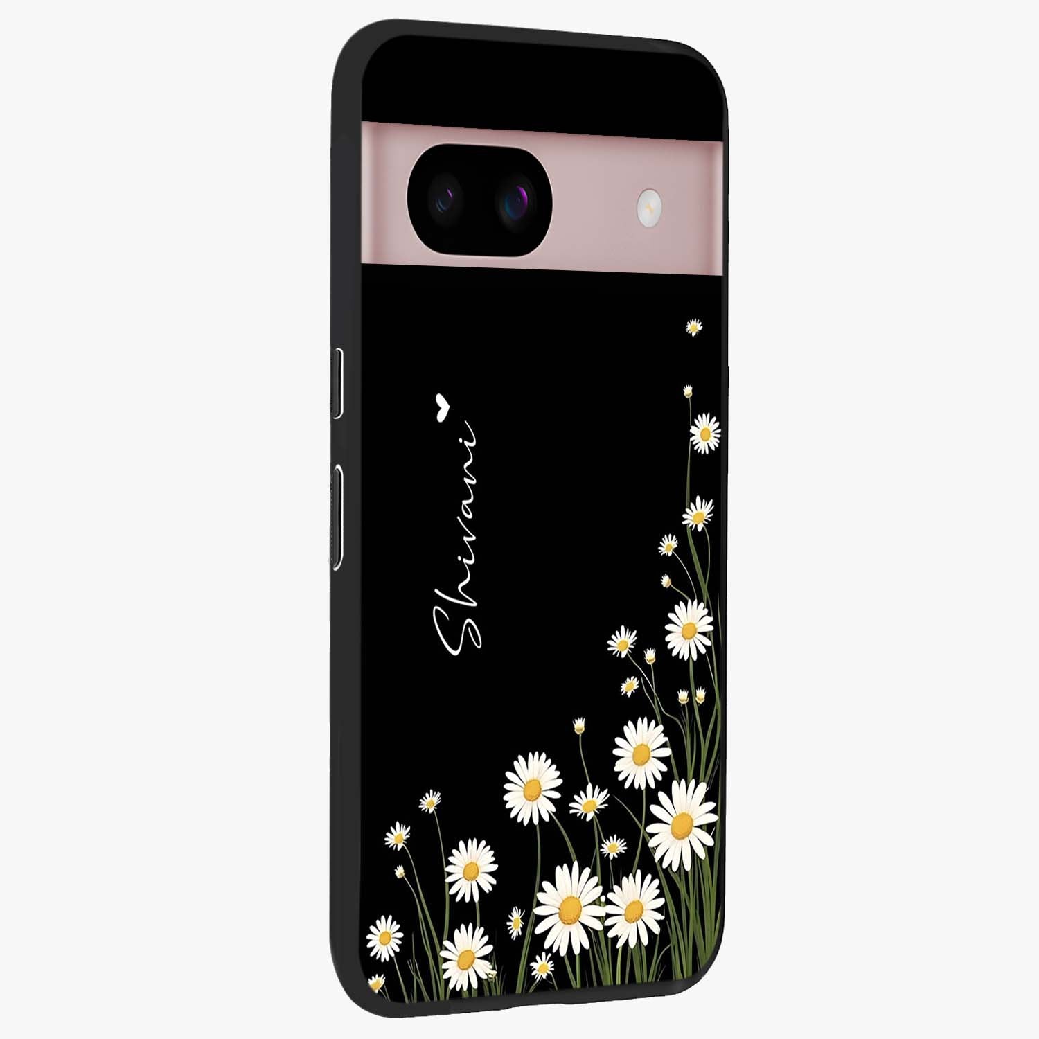 Daisy Cascade Custom Name Glass Case upright view showcasing elegant floral cascade design with personalized aesthetic.