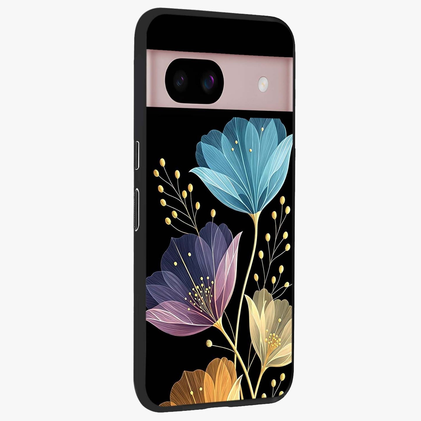 Delicate Multicolor Flowers Glass Case upright view showcasing delicate floral artwork with bright botanical theme.