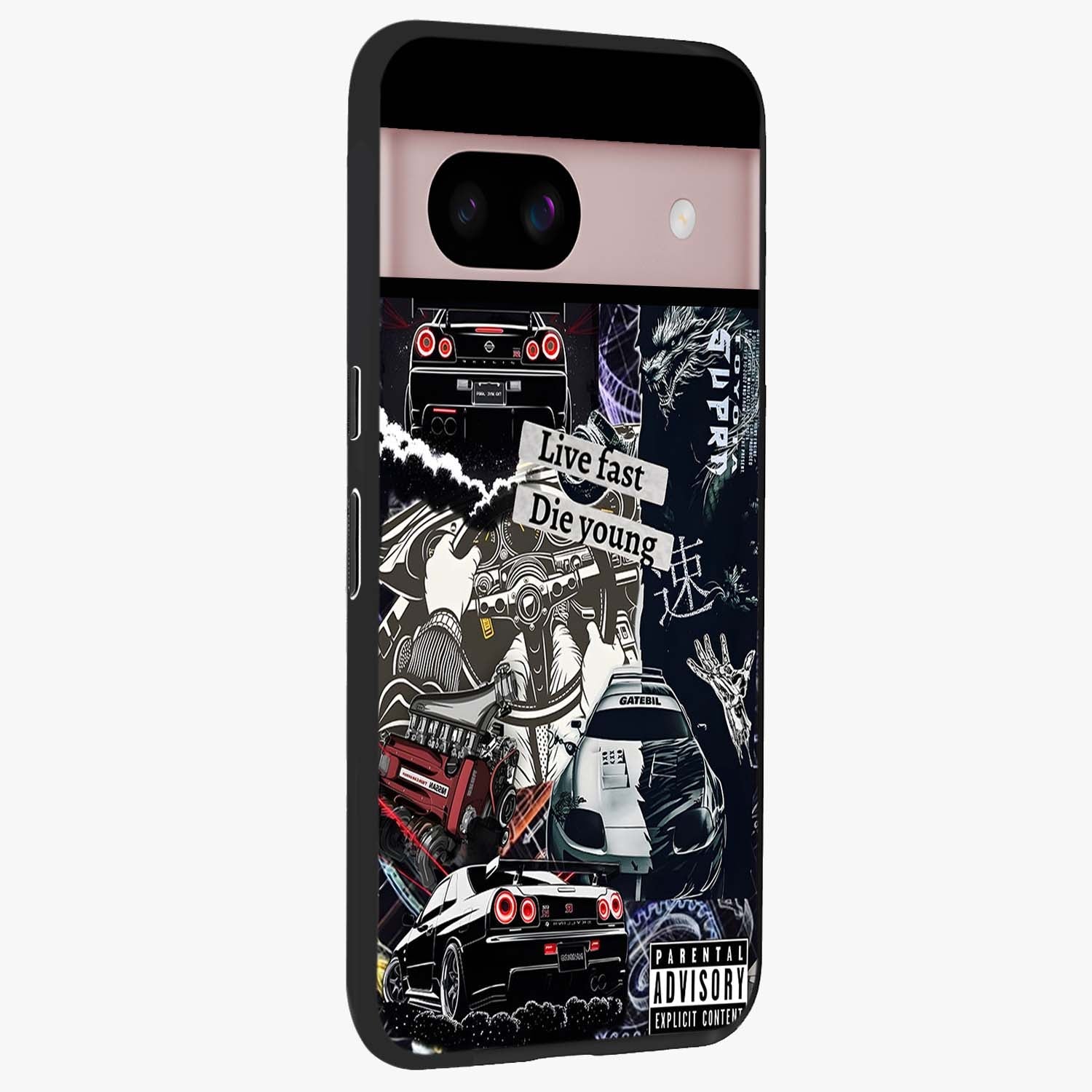 Die Young Glass Case upright view showcasing striking typography artwork with modern statement theme.