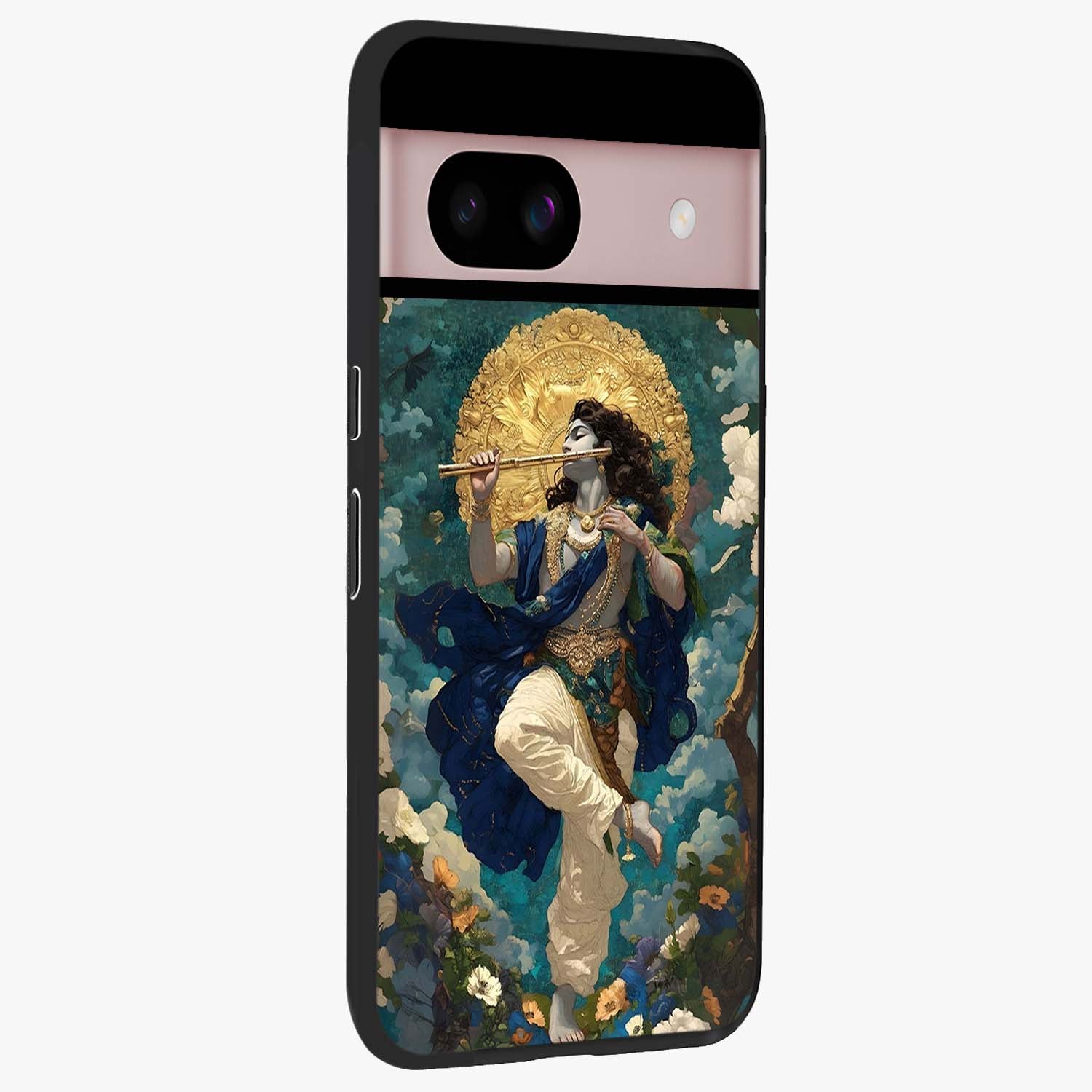 Divine Krishna Art Glass Case upright view showcasing divine Krishna artwork with sacred artistic theme.