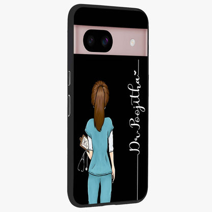 Doctor Pattern Custom Name Glass Case upright view showcasing healthcare themed design with personalized aesthetic.