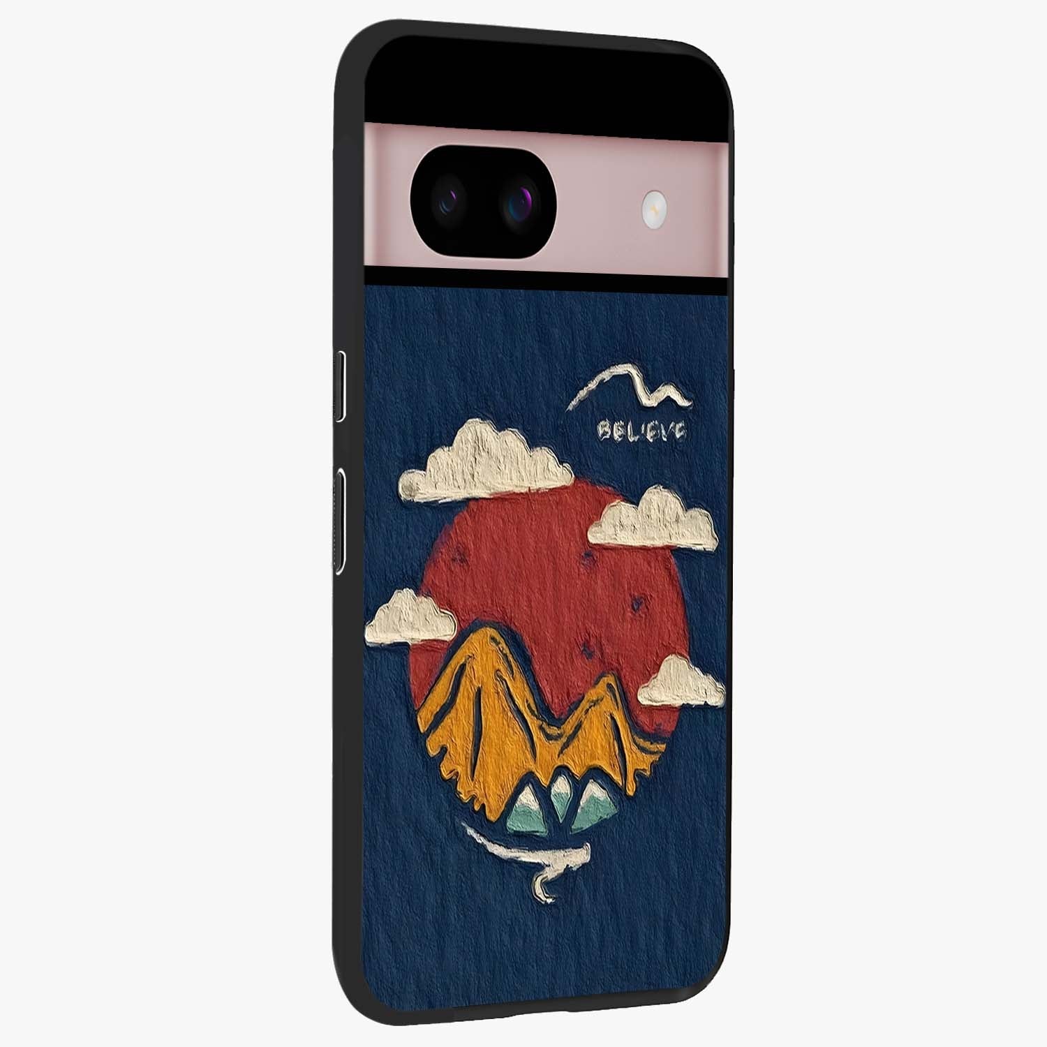 Dream Beyond Mountains Glass Case upright view showcasing beautiful mountain scenery with inspirational nature theme.