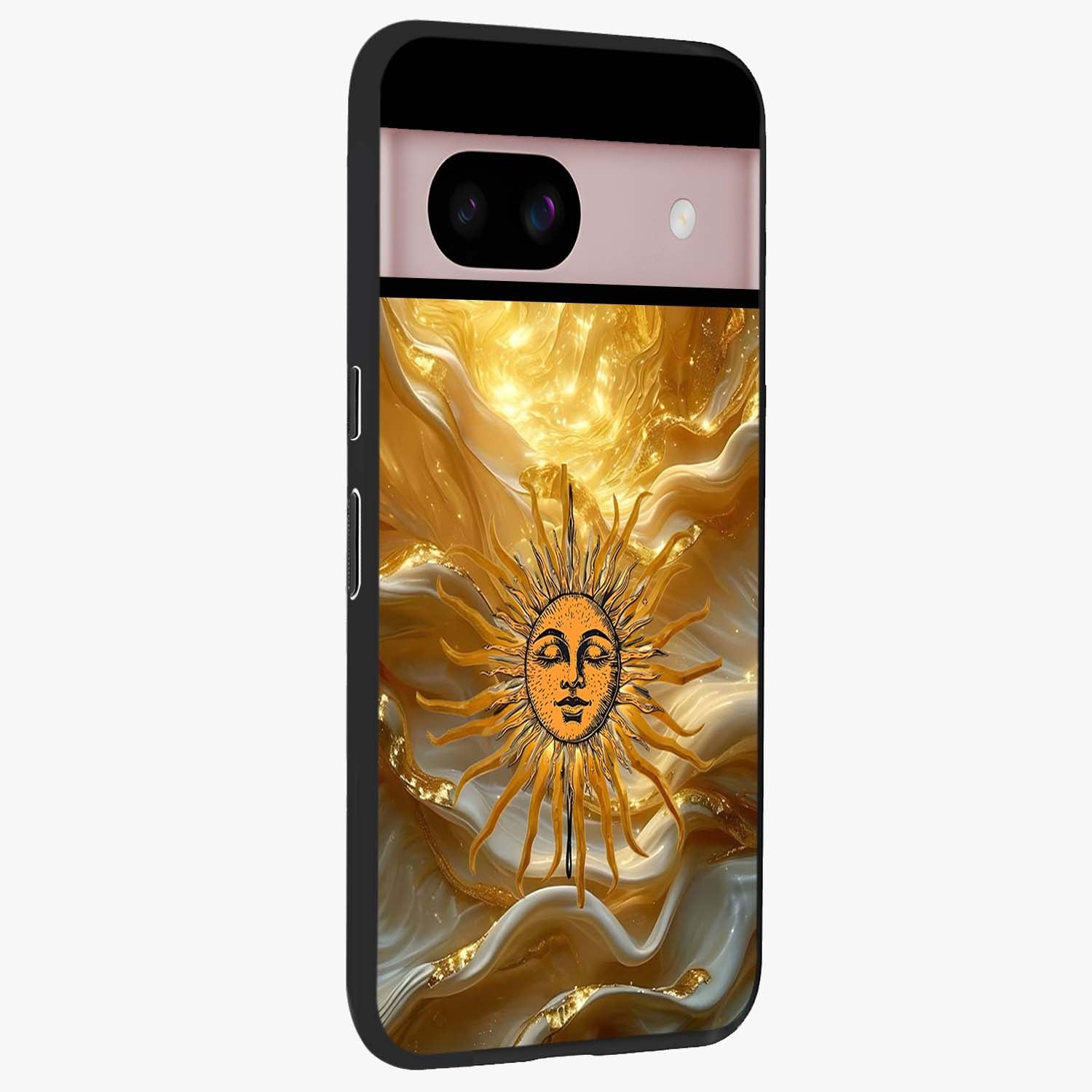 Eternal Golden Glow Glass Case upright view showcasing luminous golden artwork with luxurious visual theme.