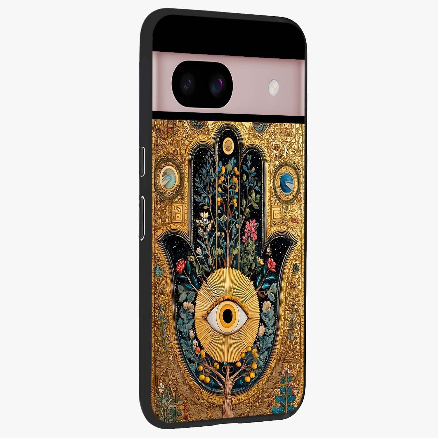 Ethereal Evil Eye Glass Case upright view showcasing celestial evil eye artwork with mystical theme.
