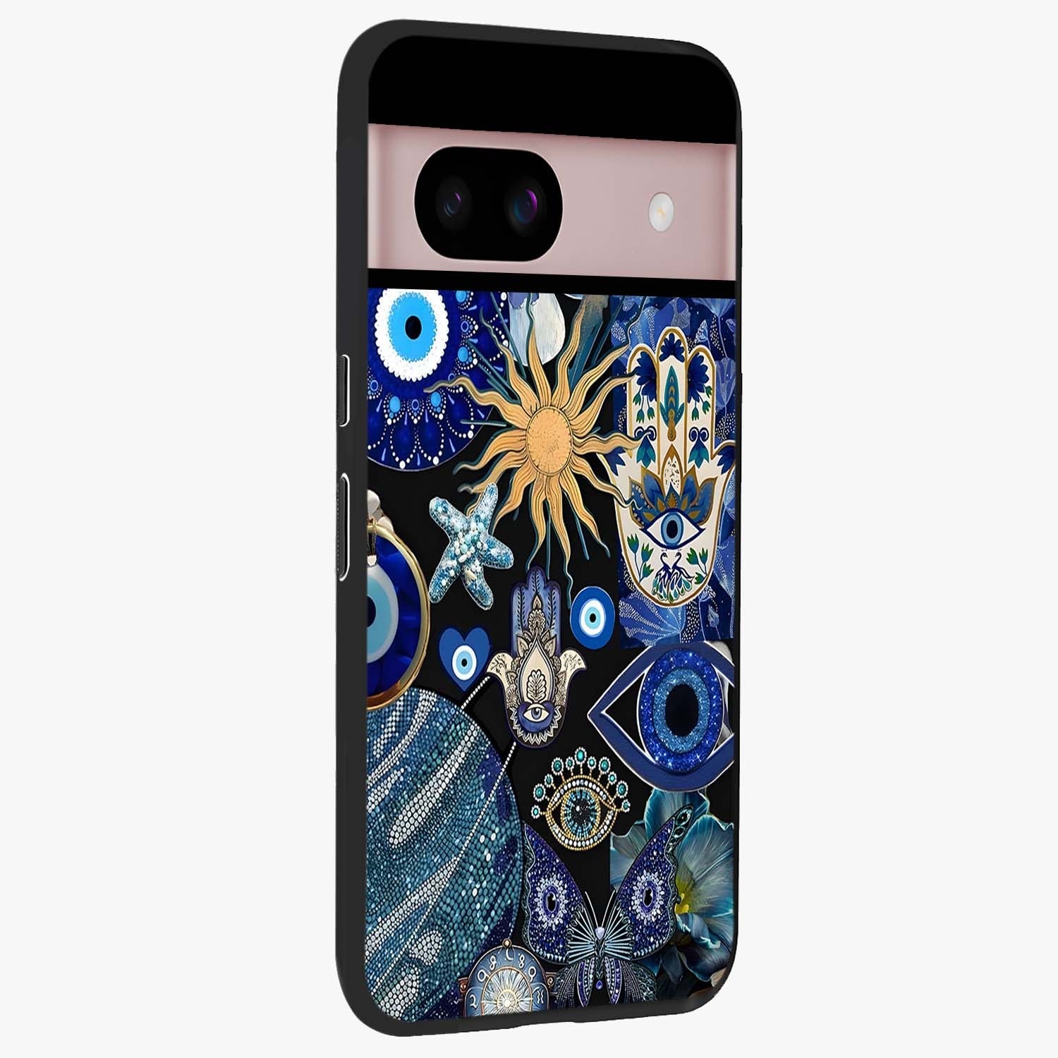 Evil Eye Charm Mix Glass Case upright view showcasing mystical evil eye pattern with vibrant decorative style.