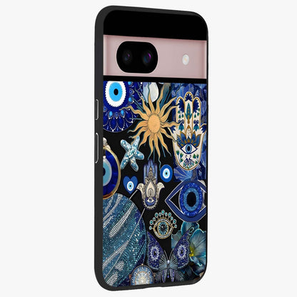 Evil Eye Charm Mix Glass Case upright view showcasing mystical evil eye pattern with vibrant decorative style.