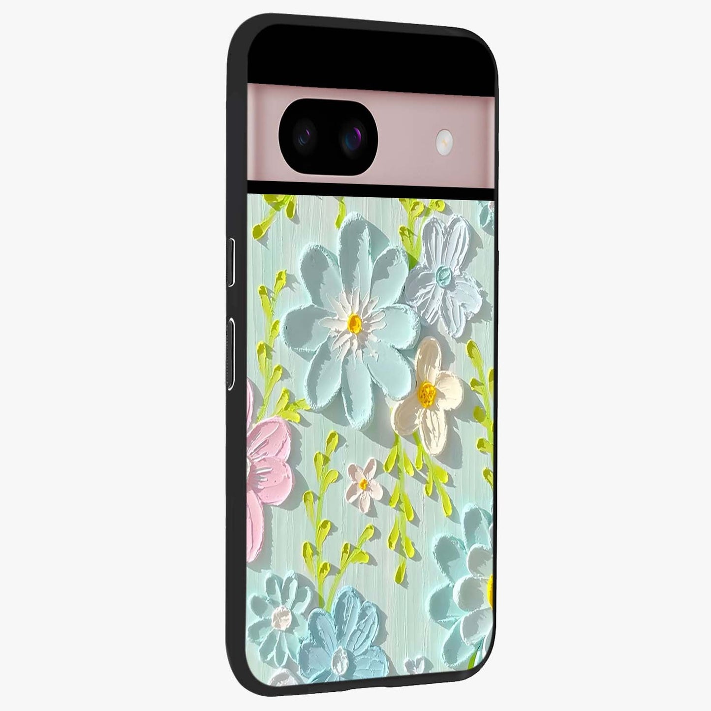 Frosted Petal Garden Glass Case upright view showcasing elegant floral garden artwork with soothing pastel theme.