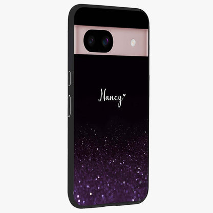 Glittery Purple Bokeh Custom Name Glass Case upright view showcasing vibrant purple sparkle artwork with personalized aesthetic style.