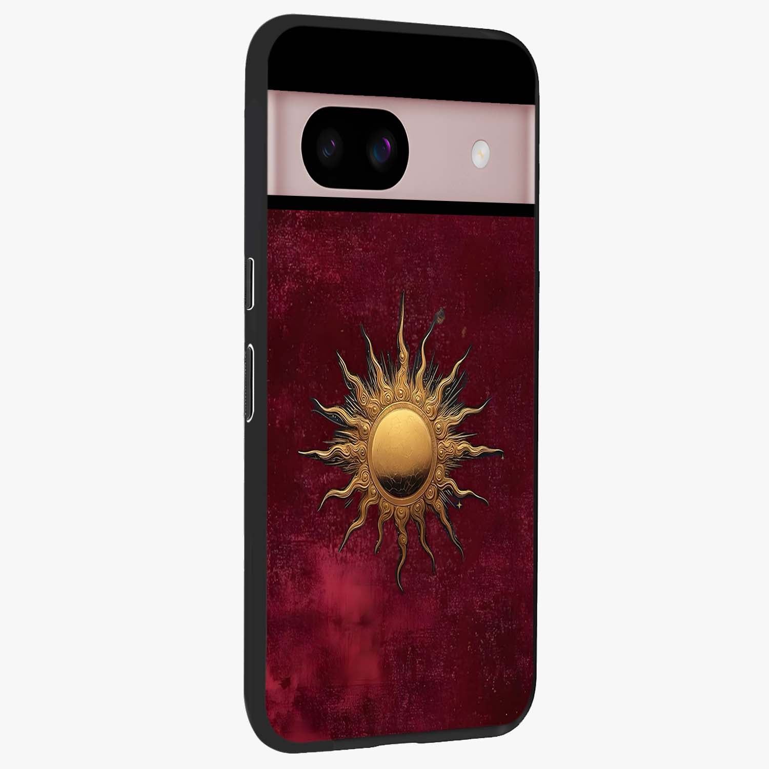 Golden Sun Minimalism Glass Case upright view showcasing simple golden sun artwork with elegant minimalist style.