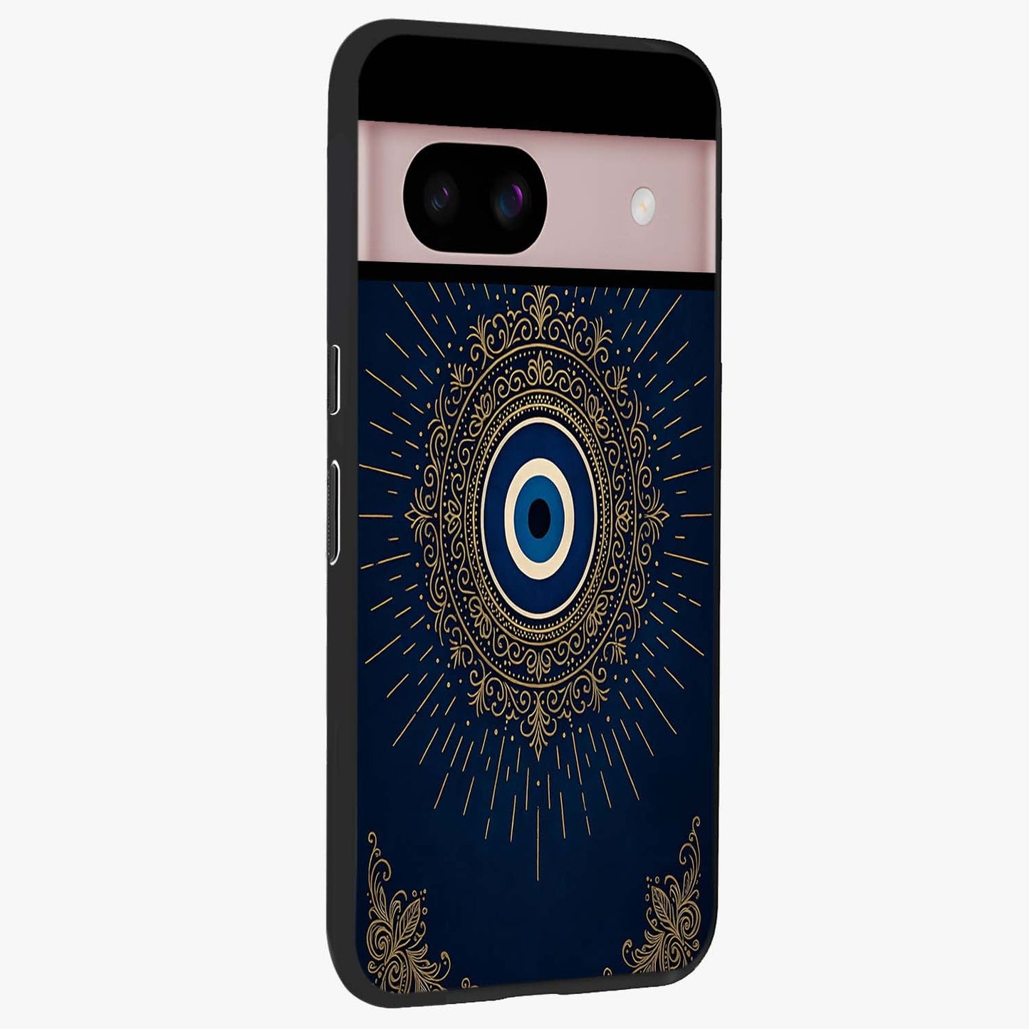 Golden Celestial Charm Glass Case upright view showcasing radiant celestial artwork with elegant golden theme.