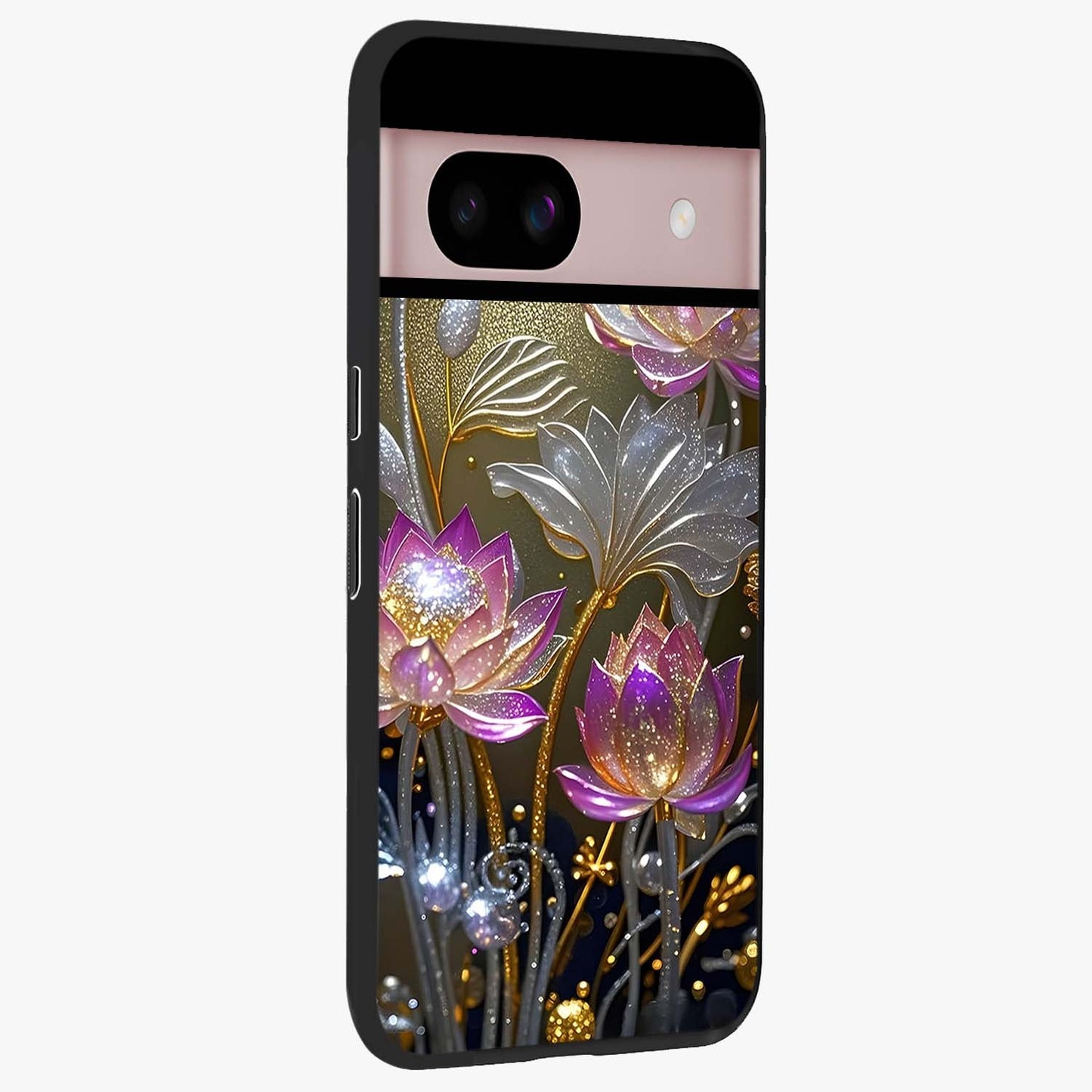 Golden Floral Majesty Glass Case upright view showcasing majestic floral artwork with rich decorative theme.