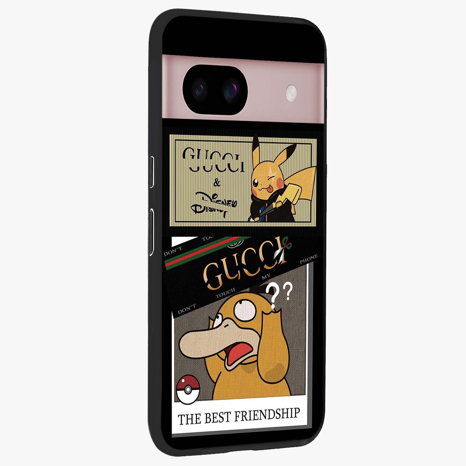 Gucci Play Mashup Glass Case upright view showcasing trendy luxury inspired artwork with modern fashion theme.