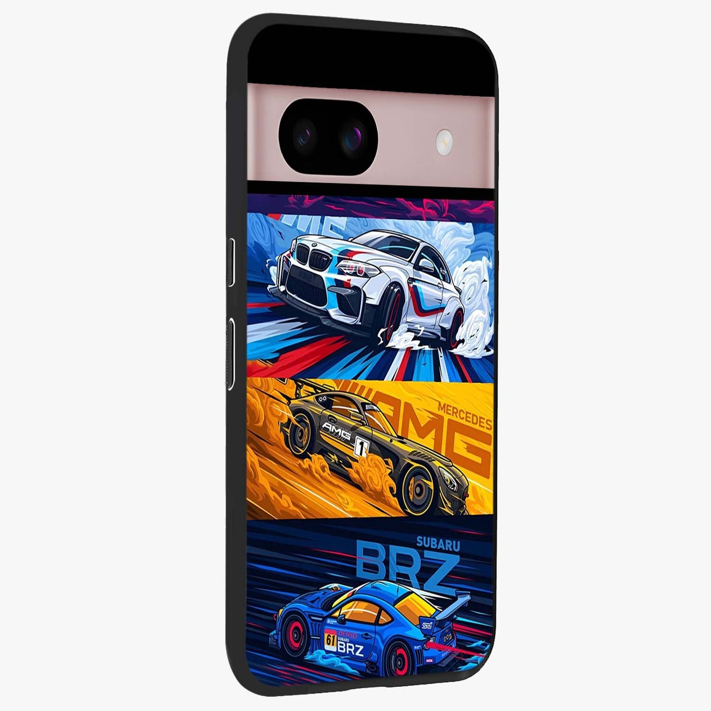 JDM Sports Car Glass Case upright view showcasing dynamic sports car artwork with bold racing theme.
